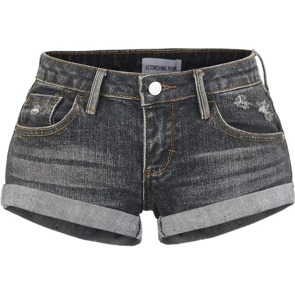 Shorts Vaqueros De Tiro Bajo Ajustados Estilo Dulce Dobladillo Con PuñO EláSticos Verano Casual Pantalones Cortos XS Negro-image