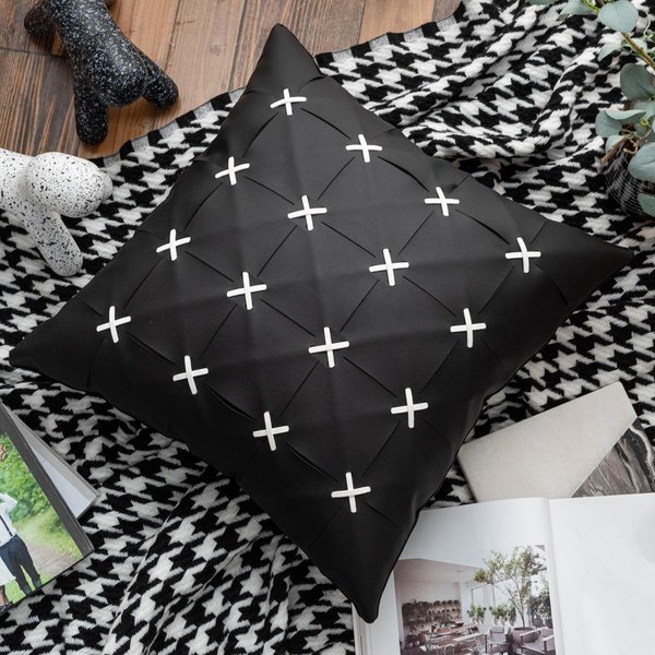 Funda De CojíN Decorativo De Cuero Negro 45X45CM Estampado A Cuadros De Lujo Ligero Funda De CojíN Lumbar DecoracióN Funda De Almohada Decorativa Para El Hogar 45X45Cm-image