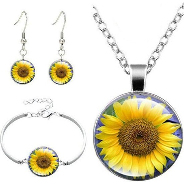 Conjunto De Collar Con Colgante De Gemas De Girasol De Estilo Retro, Pulsera De Moda Y Pendientes De BotóN, Conjunto De JoyeríA De Tres Piezas. Amarillo-image