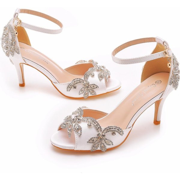 Sandalias De TacóN Alto Boca De Pez De 7 Cm Boca Baja Hebilla De Una Forma Talla Grande Punta Redonda Tacones Altos Sandalias De TacóN Delgado Con PedreríA Dorada 42 Beige-image