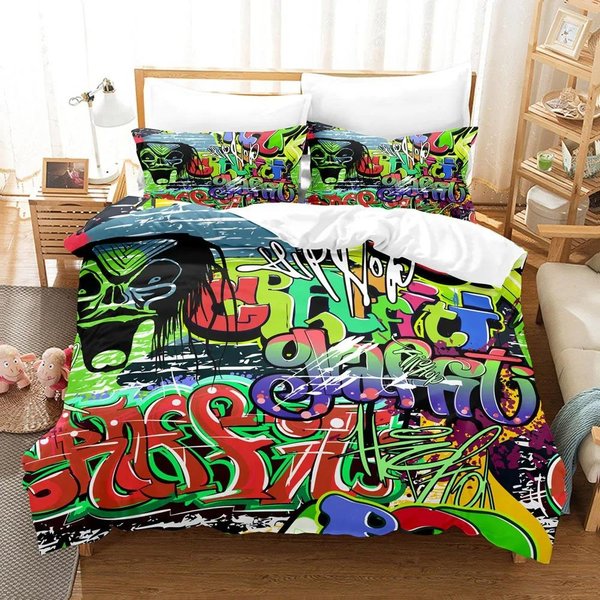 Hippie Graffiti Zestaw PośCieli Hip Hop Zestaw Poszwy Na KołDrę Rozmiar King Queen Dla Dzieci ChłOpcóW MłOdzieżY Pokrowiec Na KołDrę Nowoczesny Pokrowiec Street Art 70X133Cm-image