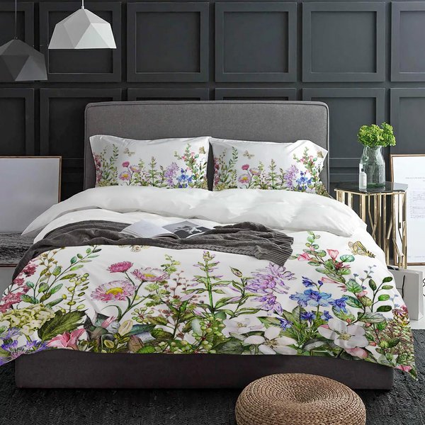 Funda NóRdica De Flor De Acuarela Vintage Con Funda De Almohada Juego De Cama Personalizado De 3 Piezas Funda De EdredóN Cama Doble Textil Para El Hogar EU Single(135X200Cm) Gray-image
