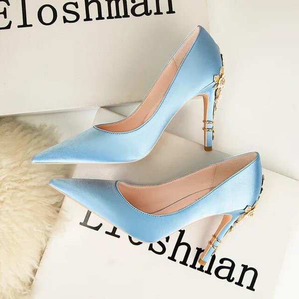 Damskie Metalowe Kwiaty Szpilki Buty Na Wysokim Obcasie Kobiece Nowe Lekkie Luksusowe Seksowne Modne Buty śLubne Szpiczasty Nosek Satynowe Pojedyncze Buty 40 Beige-image