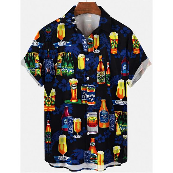 Camisas Hawaianas De Manga Corta Para Hombre Estampado 3D GráFico De Cerveza Vino Camisas De Playa Verano Casual Manga Corta Abotonada Camiseta Tops S Gray-image