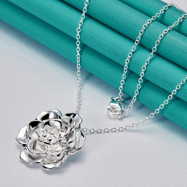 Urmylady 925 Sterling Silver Rose Flower Naszyjnik Dla Kobiet Wedding Party Fashion Jewelry 45Cm Blue-image