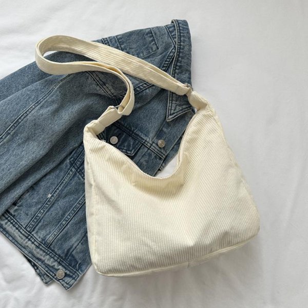 Bolso Hobo De Hombro Casual De Pana, Bolso De Mano Minimalista De Color SóLido, Bolso Retro Combinable Beige-image