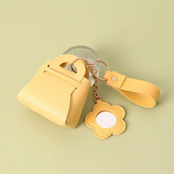 1 Pieza Creativo PU Cuero Mujer Bolso De Mano Tipo Clutch Llavero Con Forma De Mini Espejo Bolsa Para Llaves Para Auriculares Mini Monedero Lindo Colgante Para Bolso De Mano De NiñA Amarillo-image