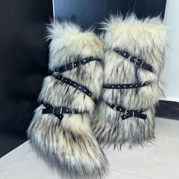 Botas De Invierno Mujer Botas De Nieve De Piel SintéTica CáLidas Plataforma Botas Largas Lindas Felpa Sobre La Rodilla Botas Altas Y2K NiñAs Zapatos Peludos Para Exterior 41 Marfil-image