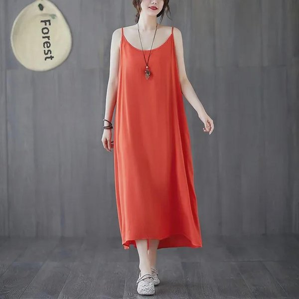 Vestido Camisola Holgado De AlgodóN Y Lino Para Mujer - Enagua De Estilo Literario De Verano One Size Rojo-image