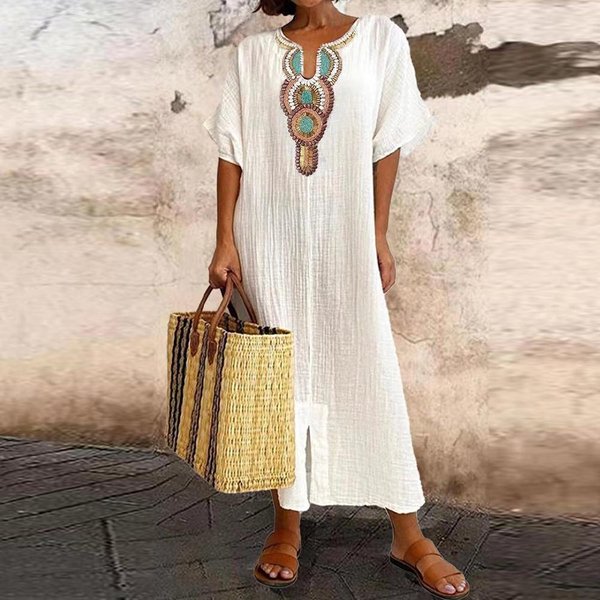 Vestido De Lino Y AlgodóN Para Mujer, Informal, Holgado, Para Vacaciones En La Playa, Bohemio, Largo, Liso, Para Verano Xxxl Blanco-image