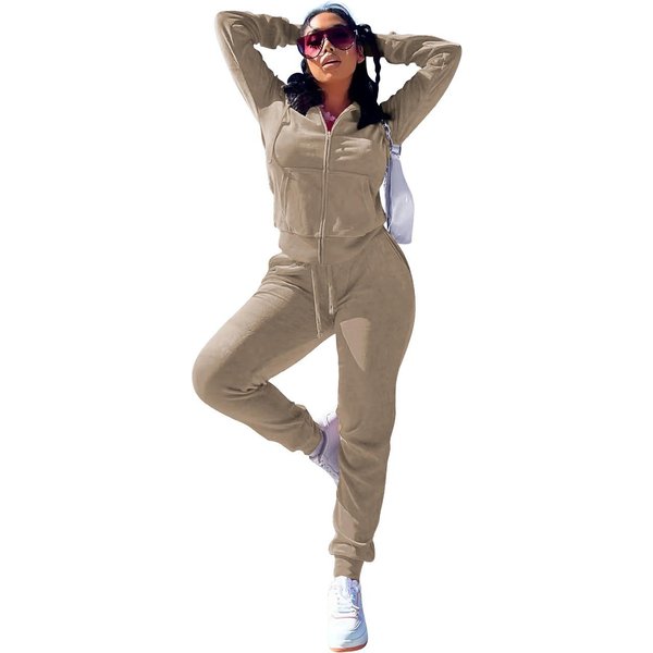 Conjunto De Terciopelo De Moda Para Mujer Sudadera Con Capucha De Manga Larga Y PantalóN Jogger Conjuntos Activos De Dos 2 Piezas Conjuntos CháNdal XL MarróN Claro-image