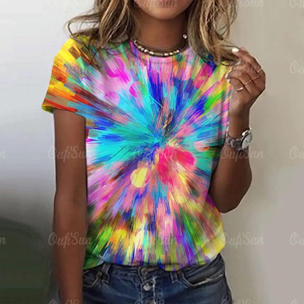 Camiseta De Mujer Con Grafiti Colorido De Verano, Cuello Redondo, Manga Corta Casual, Holgada, Moda, Jersey, Ropa De Calle Para Mujer Para El DíA A DíA M Blue-image
