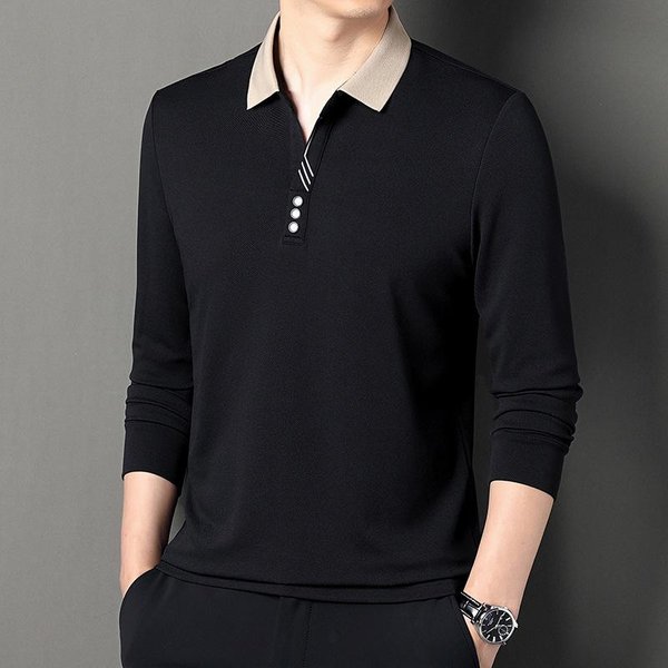 Camiseta De Manga Larga De OtoñO Para Hombre Nueva, Polo De Solapa Informal De Negocios De Alta Gama Para Hombre De Mediana Edad Xxxxl Black-image