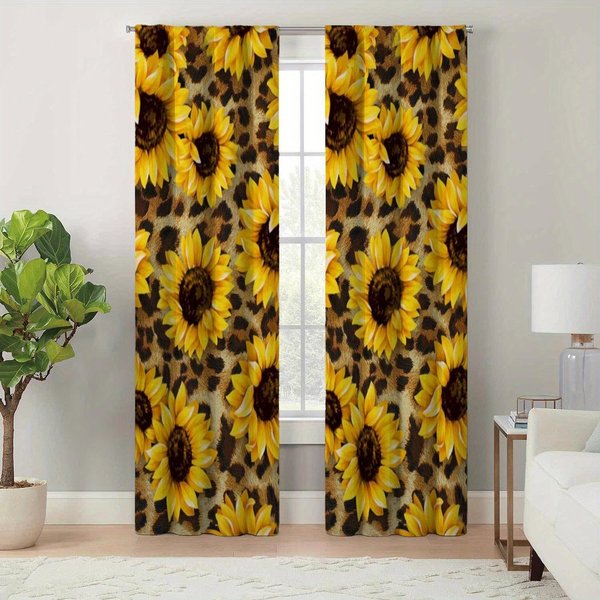 2 Piezas Estilo Minimalista Moderno DecoracióN De Sala De Estar Dormitorio Cortinas Cortinas Impresas Con PatróN De Girasol Vintage DecoracióN De HabitacióN DecoracióN Del Hogar 100W130H(Cm)40X51In&Grommet Top-image