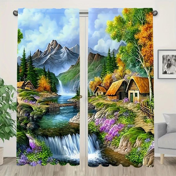 WspółCzesne ZasłOny Z Nadrukiem Krajobrazu, Na Tunel, Do Sypialni I Salonu, Dekoracja Domu, Dekoracja Pokoju 14Wx39L(35X100Cm)X2-image