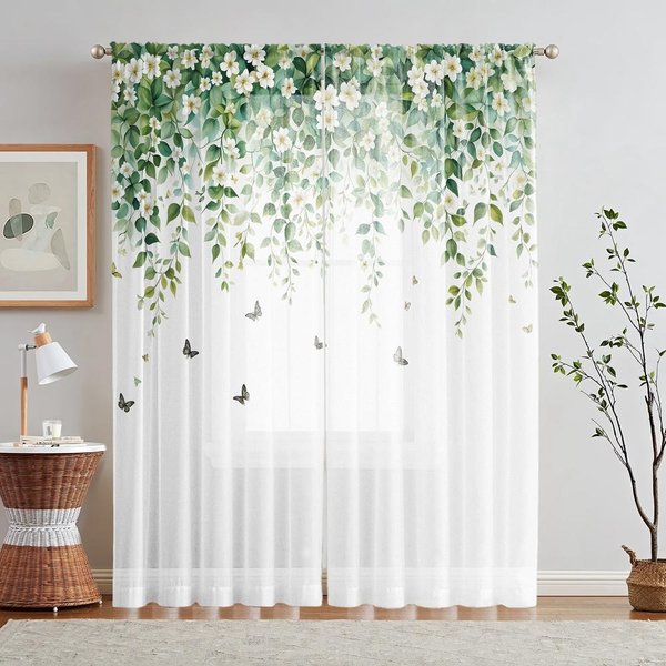 2 Piezas HD Digital Flores De Enredaderas Blancas Jugar Mariposa Estampado Mosquitera DecoracióN Del Hogar Estilo DecoracióN Sala De Estar Dormitorio Barra W52H63Inchw132H160Cm-image
