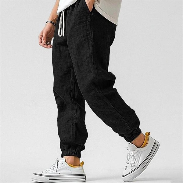 Pantalones Casuales De Lino Para Hombre Con Cintura De CordóN, Ajuste Holgado, Pierna CóNica Hasta El Tobillo M Negro-image