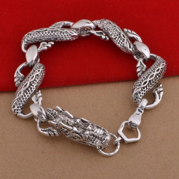 Pulsera BañAda En Plata 925 Pulsera Europea Y Americana Con Gran DragóN Blanco Pulsera Para Hombre Gray-image