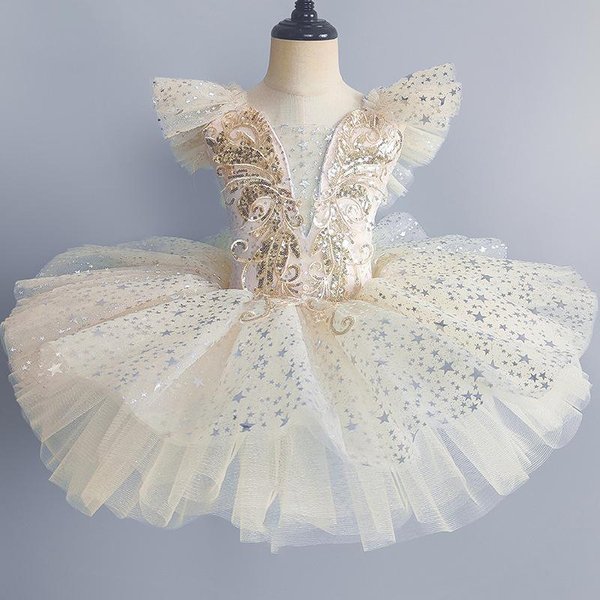 RomáNtico Tutú De Ballet Para NiñAs Vestido Falda De Danza Falda De Ballet Con Lentejuelas Doradas ActuacióN De Ballet Vestido Largo De Princesa 110Cm-image
