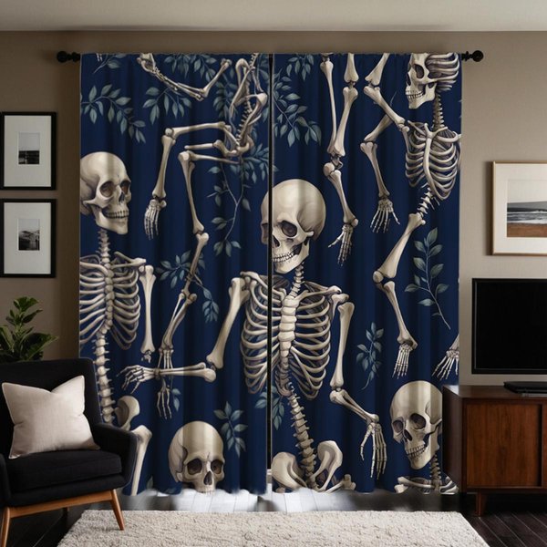 Juego De 2 Piezas HD Halloween Calavera Esqueleto Hoja Verde Cortina Corbata Negra Cortina Impresa Digital Estilo DecoracióN Del Hogar Decorar Sala De Estar W52H63Inchw132H160Cm-image