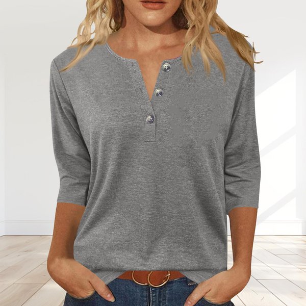 Camisa Henley De Manga Tres Cuartos Para Mujer Con Botones Delanteros, Ajuste Holgado Casual, Top Ligero De Manga Larga Para Uso Diario Xxxxxl-image