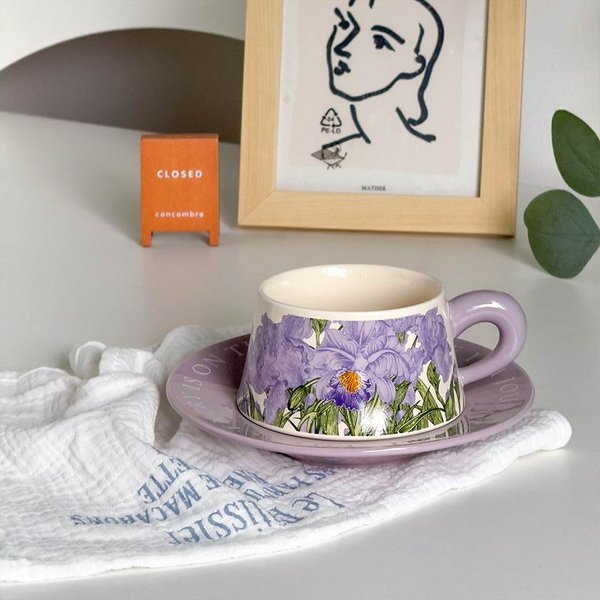 Ceramiczna FiliżAnka Do Kawy Ze Spodkiem W Stylu Medium Fioletowa FiliżAnka Do PopołUdniowej Herbaty Kubek Fioletowy Irys FiliżAnka Spodek PudełKo Prezentowe 260ML Gray-image