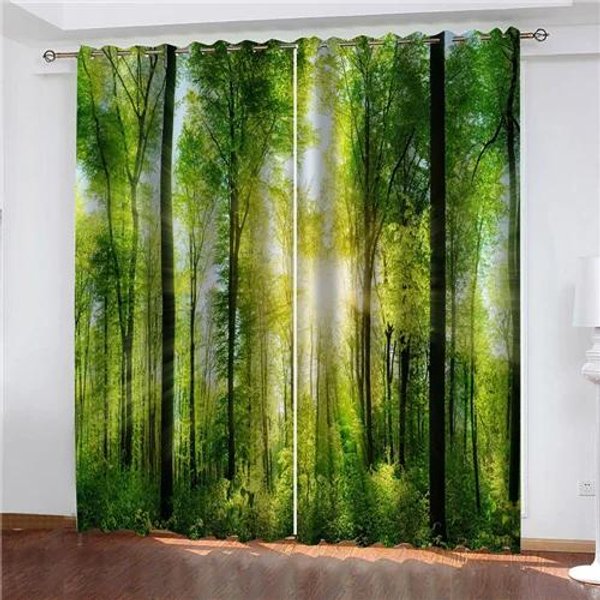 Naturalny WzóR Drzewa W Kolorze LeśNej Zieleni Sypialnia Salon Wysokie Zaciemnienie ZasłOny Naturalna Sceneria Gruba ZaciemniająCa Draperia Nowa ZasłOna W55 X H120Cm X 2&HOOK-image