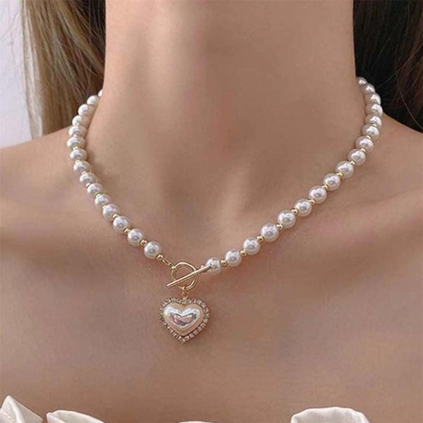 Collar De Amor De Perla ImitacióN De Temperamento Super Hada, Viento FríO, Dulce Y Simple, Cadena ClavíCula Con Hebilla Mujer Oro-image