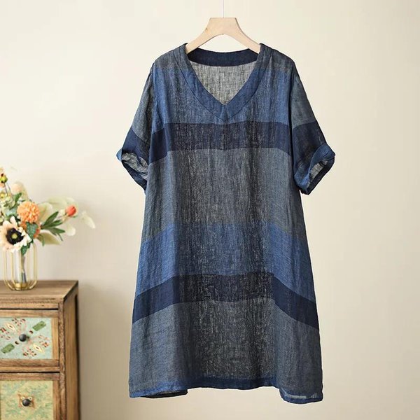 Vestido Camiseta De AlgodóN Y Lino A Rayas Para Mujer Verano Fino Suelto Largo Medio Cuello En V Manga Corta Falda Camiseta De Mujer L Gray-image