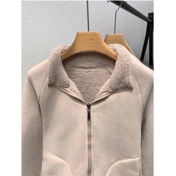 Nueva Sudadera De Forro Polar Con Cremallera Sin Capucha Para Mujer En OtoñO E Invierno Top CáLido Casual Suelto Chaqueta Color Albaricoque Leche L Gray-image