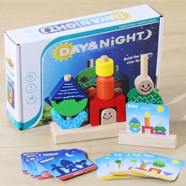 Drewniane Klocki UkłAdane Dopasowywanie KształTóW Gra Trening Logicznego MyśLenia Montessori Kreatywne Puzzle O Tematyce Dzień/Noc Zabawki Dla Dzieci Blue-image