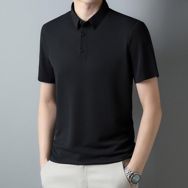 Polo De Verano De Seda De Hielo Para Hombre Casual Para Hombre Jacquard Solapa No Necesita Planchado Camiseta De Manga Corta 4XL-image