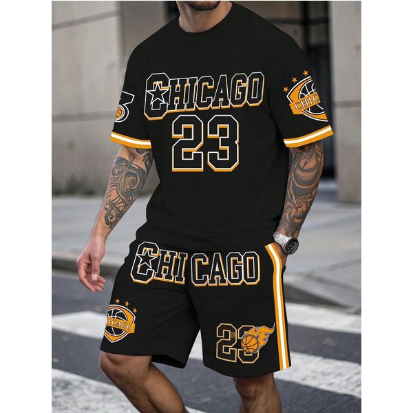 Conjunto De Dos Piezas Para Hombre: Camiseta Deportiva De Manga Corta Con Estampado De Letras Y Pantalones Cortos, Ropa Deportiva De Baloncesto L Gray-image