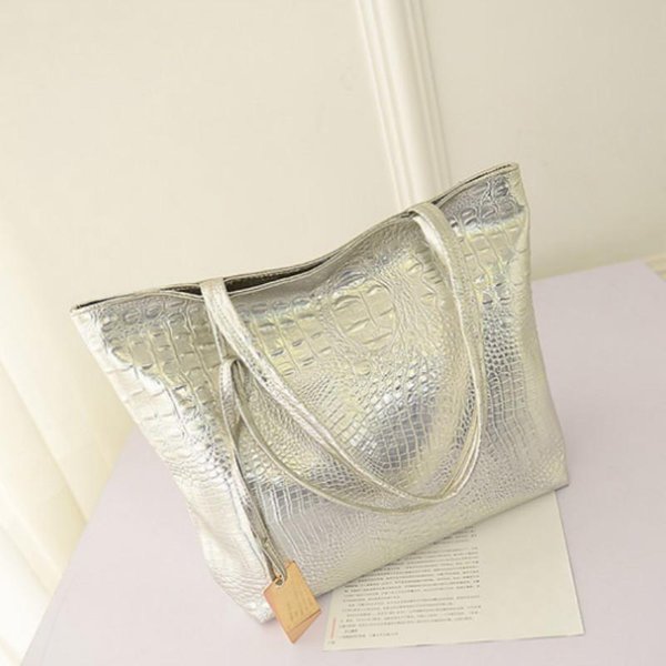 Modna Torba Typu Tote Ze SkóRy PU Ze Wzorem Krokodyla Dla Kobiet, DużA Pojemność, Srebrna, ZłOta, Czarna Torba Na Ramię (30Cm<Max Length<50Cm) Gray-image