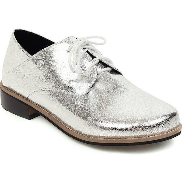 Damskie PłAskie Oksfordki Damskie Mokasyny Ze SkóRy PU Damskie Retro Casualowe Oksfordki Damskie Buty 6 Srebro-image
