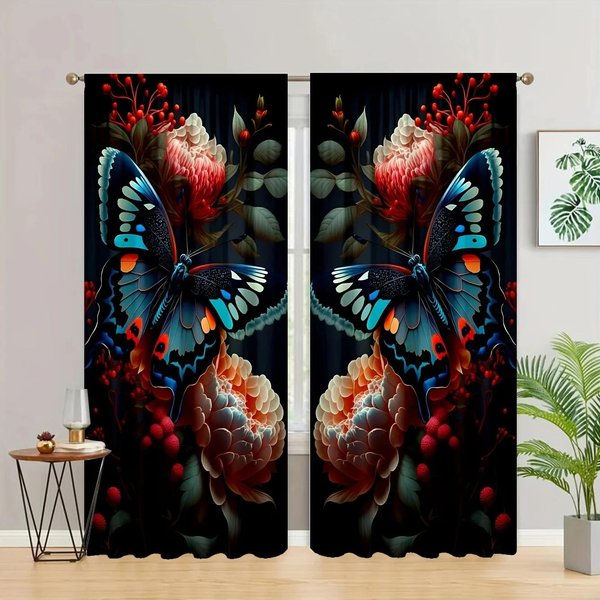2 Szt. Modna Romantyczna ZasłOna We WzóR Motyli, ZasłOna Z Tunelem Na Karnisz, ZasłOny Okienne Do Salonu, Sypialni, Dekoracja Pokoju W50Xh130(Cm)X2Pcs&Grommet Top Black-image