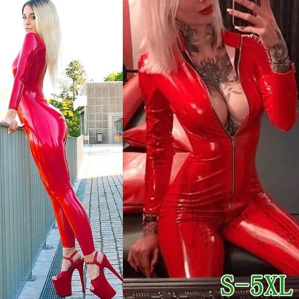 Moda Damska Z DłUgim RęKawem Czerwona Farba SkóRzany Catsuit PVC Lateksowe Body PrzóD Zamek Otwarte Krocza Stretch Street Style Kombinezon Plus Size S Czerwony-image