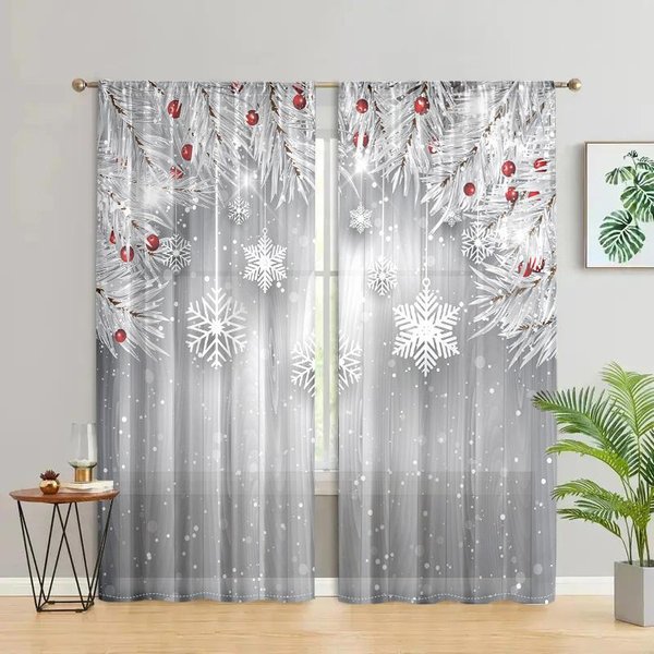 2 Piezas, Cortina De Madera De Copo De Nieve De Rama De Pino Plateado - 30% Opacidad - Adecuada Para Sala De Estar, Dormitorio, Cocina, DecoracióN Del Hogar W150CM H166Cm&Rod Pocket-image