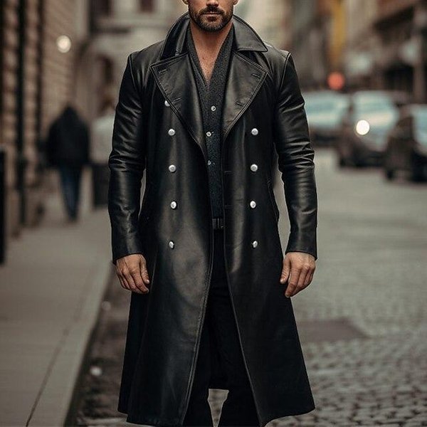Nuevo Abrigo Trench Largo De Cuero Para OtoñO E Invierno Para Hombre, Chaqueta De Cuero De Doble Botonadura, Abrigo De Cuero Para Hombre L Black-image