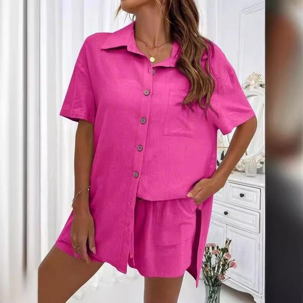 Damski Komplet DwuczęśCiowy: Koszula Z KróTkim RęKawem I Spodenki W Jednolitym Kolorze - Codzienny LuźNy Garnitur L Pink-image