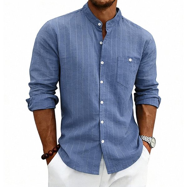 Camisa Casual De Lino A Rayas Para Hombre, Holgada, Con Cuello Mao, Manga Larga, Abotonada, Con Bolsillo M Azul-image