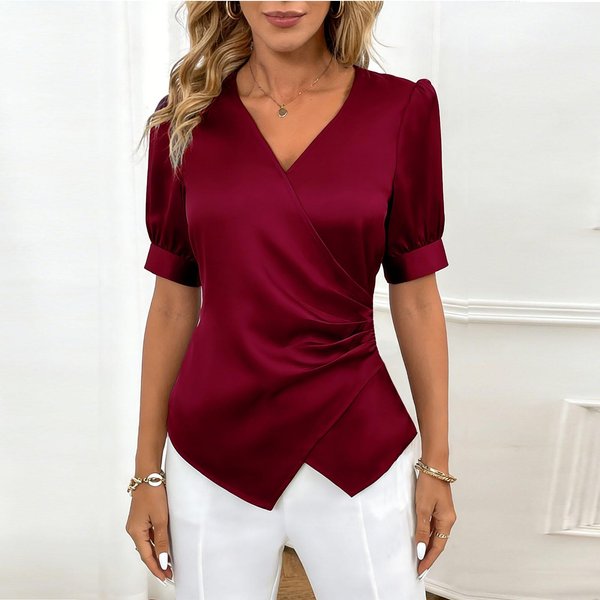 Blusa Cruzada De Manga Corta Con Cuello En V Y Dobladillo AsiméTrico Para Mujer, Top Casual Elegante Para Oficina Para Damas XL Vino-image