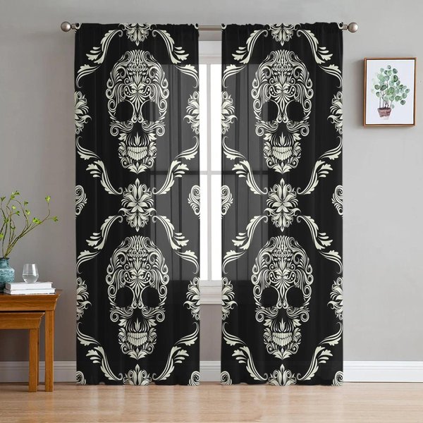 Cortinas Transparentes De Calavera De Terror, Cortinas De Tul Para Ventana De SalóN, Dormitorio, Cocina, DecoracióN Del Hogar, Cortinas De Gasa W135 X H115Cm X1&Grommet Top-image