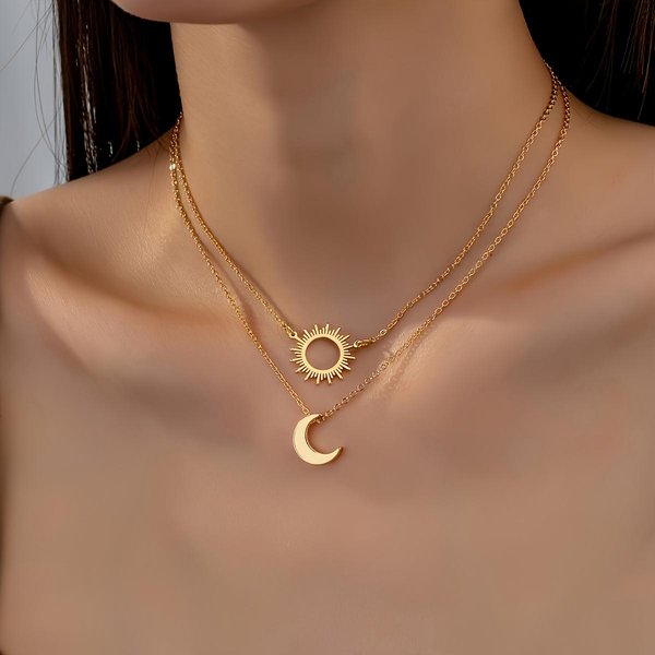 Elegancki ZłOcony Naszyjnik Z Wisiorkiem SłOńCe I KsiężYc W Stylu Boho Dla Kobiet PodwóJny Choker BiżUteria Na Imprezę Prezenty ZłOty-image