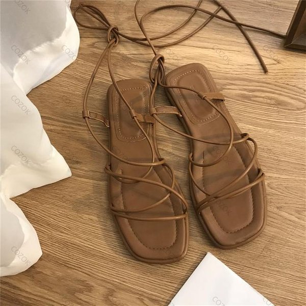 Sandalias Romanas De Mujer Verano Nueva Moda Planas Puntera Abierta Atado Cruzado Zapatos Casuales Elegantes De Vestir Cordones Playa Sandalias Gladiadoras 37 MarróN-image