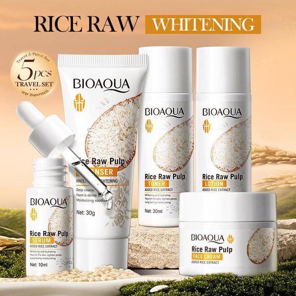 Set De Cuidado De La Piel Bioaoua Blanqueador De Arroz 5 Piezas, Limpiador Facial+TóNico+Esencia+LocióN+Crema, SéRum Iluminador Hidratante, Cuidado De La Piel Para Mujeres White-image