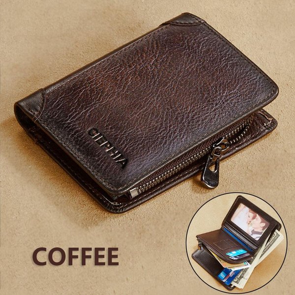 Carteras De Cuero Genuino Para Hombre, Monedero De Negocios MultifuncióN Corto Vintage, Cremallera Con Bloqueo Rfid, Tarjetero Para Tarjetas De CréDito, Bolsa Para Dinero Café-image