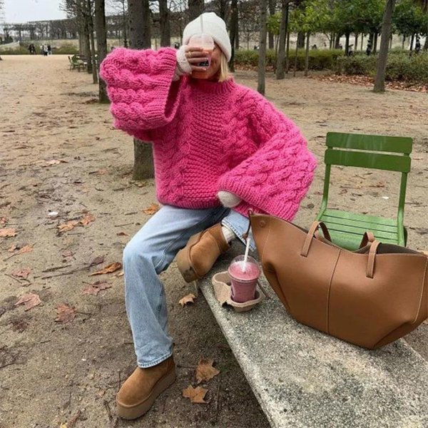 Jesienny Sweter Damski Wygodny Casualowy Retro Dzianinowy Sweter Z OkrąGłYm Dekoltem Jednokolorowy S RóżOwy-image