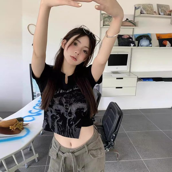 Camiseta Retro De Manga Corta Para Mujer En Verano DiseñO Irregular Top Corto Estudiante Chica Caliente 2XL Black-image