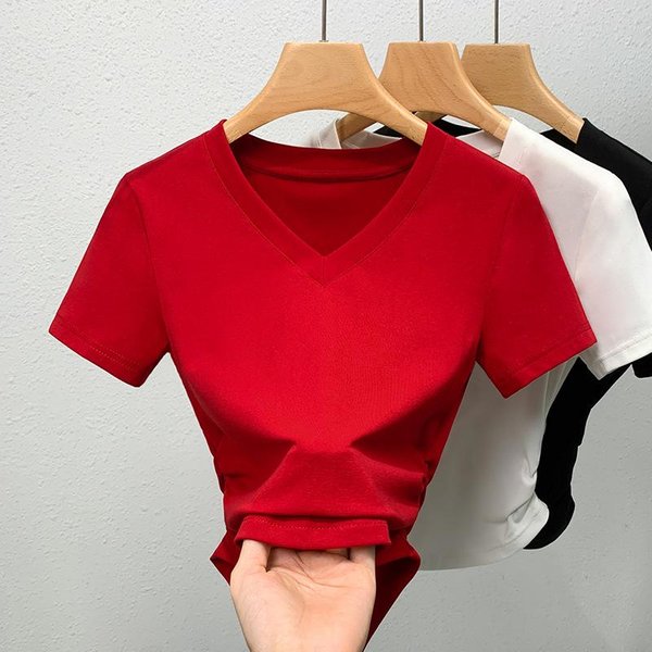 Camiseta De Manga Corta Para Mujer En Verano Nuevo Estilo De Ropa Para Mujer Cuello En V Color Liso Camiseta De AlgodóN Dobladillo Curvo Top De Cintura 3XL Rojo-image